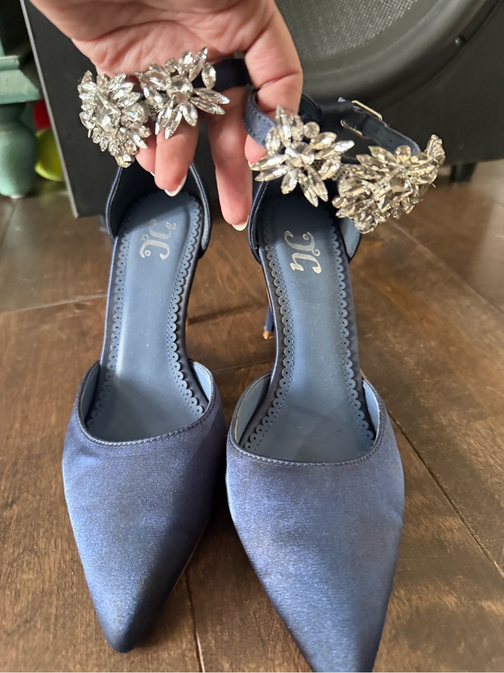 Embellished Navy Satin Pointed-Toe Heels